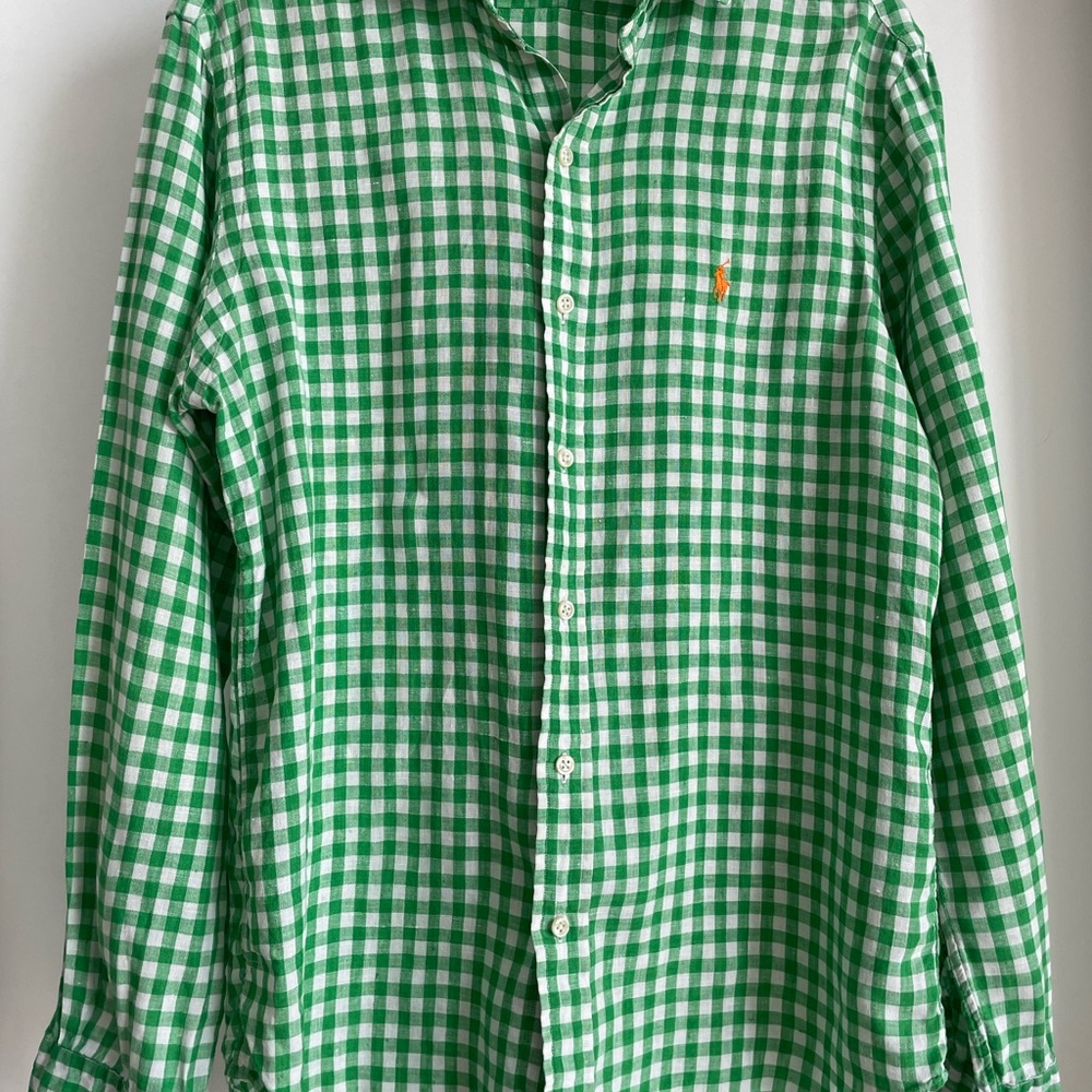 Ralph Lauren Green & White 100% Linen Relaxed Fit Gingham Button-Down Shirt
